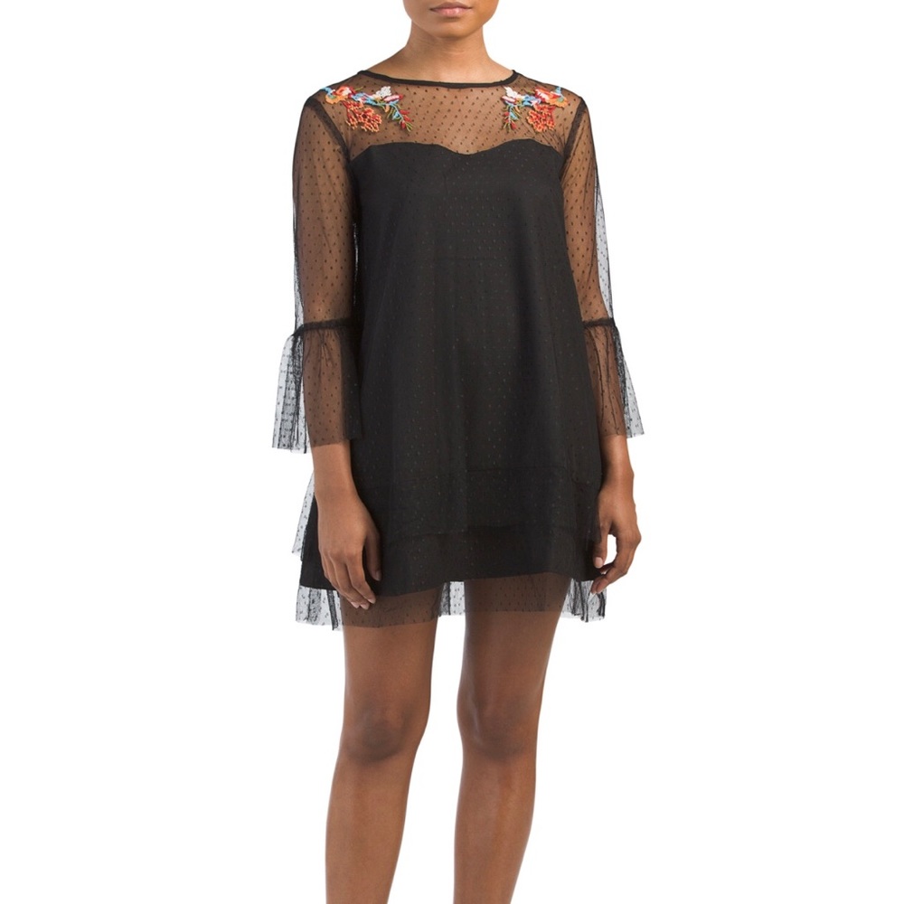 Black lace/mesh long sleeve dress w/embellishment
